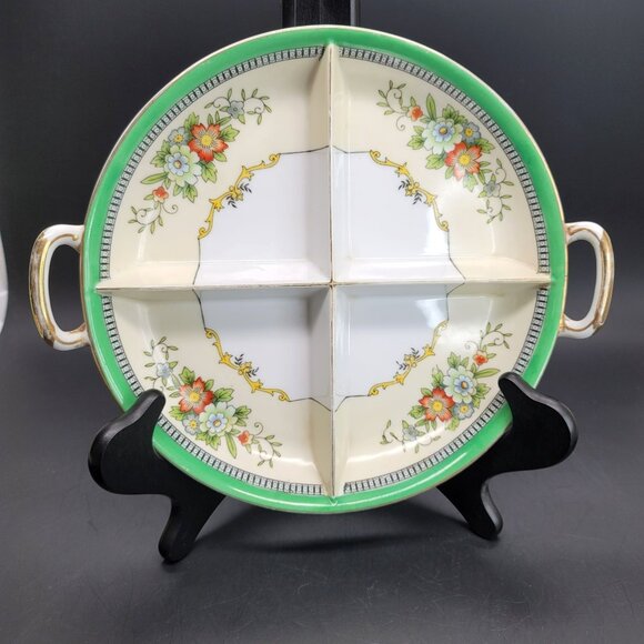 Noritake Roseara Divided Dish 4 Part Handled Green Yellow China Plate CR13